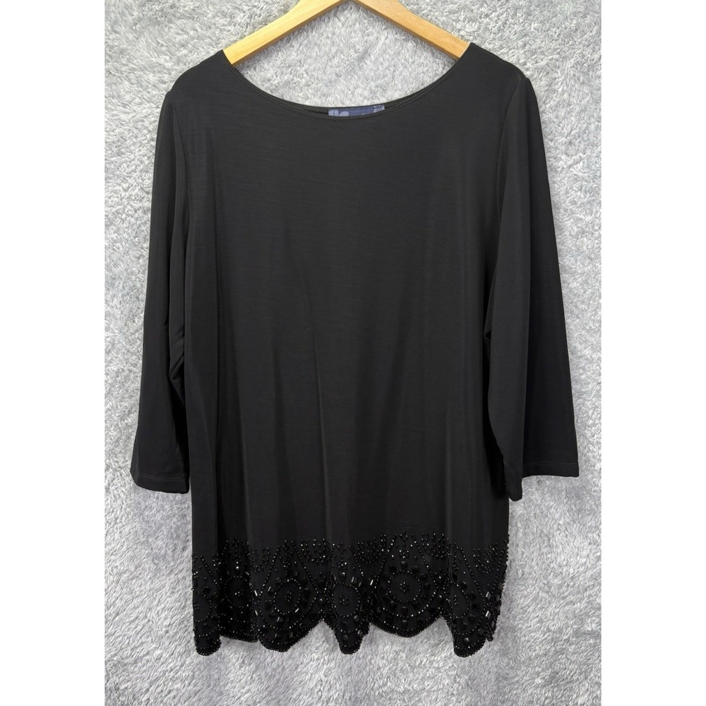 Susan Graver Womens XL Black Rhinestone Scalloped Hem Stretch 3/4 Sleeve Top